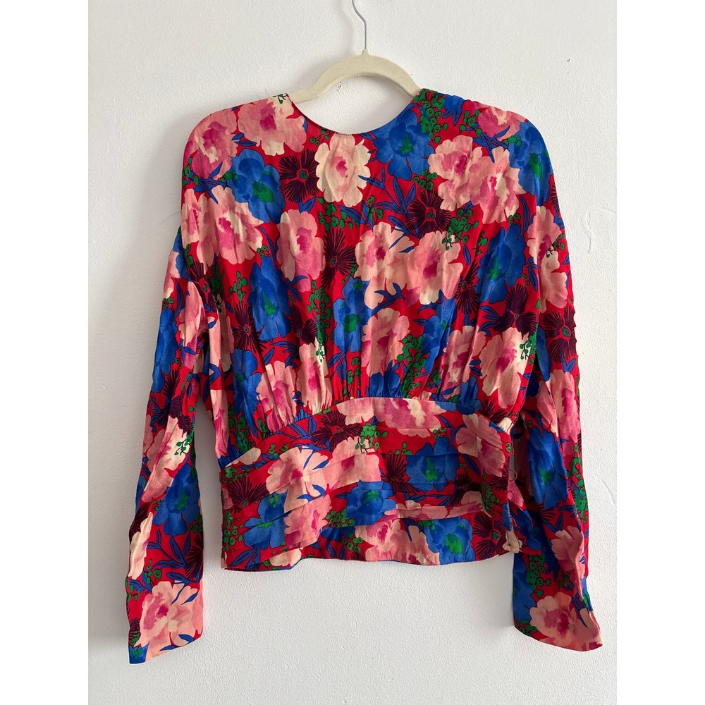 Zara Floral Print Ruched Waist Blouse Red Blue Pink Long Sleeve Top Size XS NWT